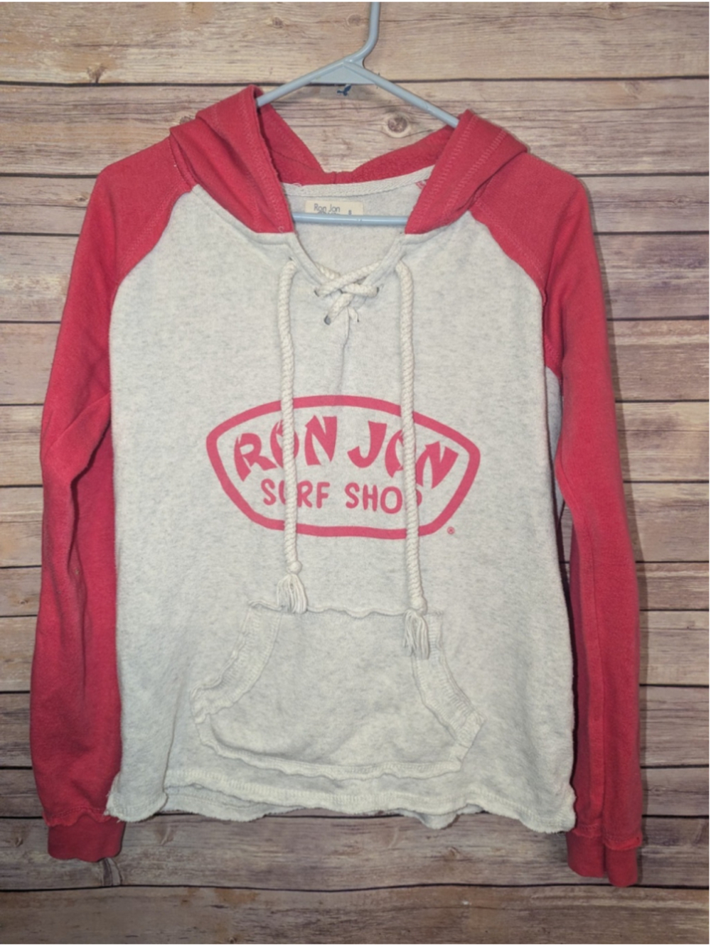 Ron Jon Surf Shop Hoodie Womens Small Red Gray Lace Up Pullover Sweatshirt